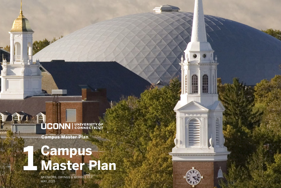 Skyline of Wilbur Cross and Gampel Pavilion, cover of the Campus Master Plan report